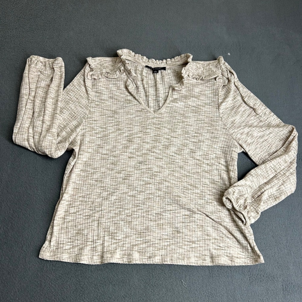 Zac & Rachel Top Women XL Beige Marled Ribbed Ruffle V-Neck Smocked Long Sleeve